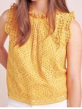 Maeve Anthropologie Women's Yellow Eyelet Ruffle Sleeveless Top 10